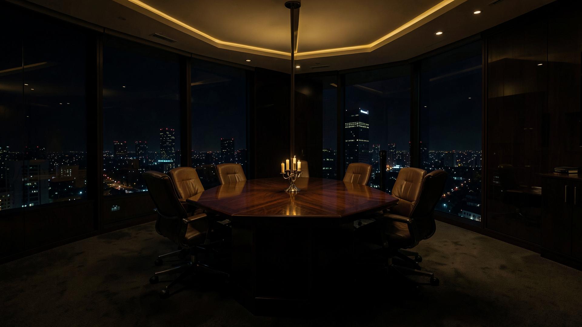 Dark executive boardroom at night